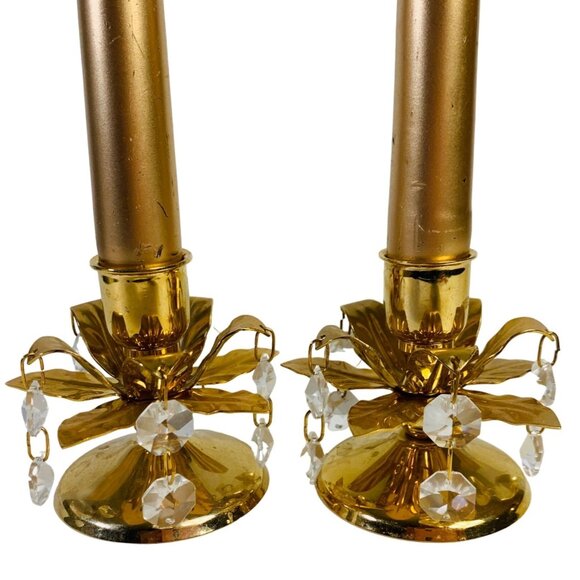 Fancy Hollywood Gold Tone Candlestick Holder Set Chandelier Crystal Dangling Pri - Picture 5 of 11